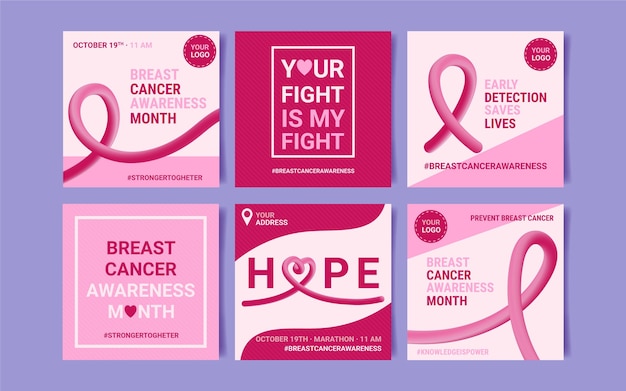 Colección de publicaciones de instagram del mes de concientización sobre el cáncer de mama realista