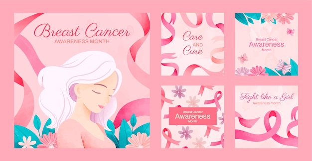 Colección de publicaciones de instagram para el mes de concientización sobre el cáncer de mama