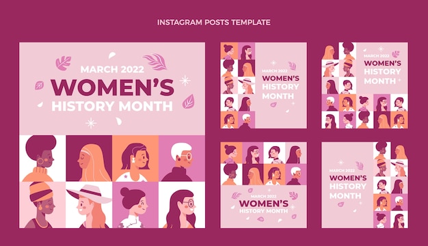 Vector gratuito colección de publicaciones de instagram del mes de la historia de la mujer dibujadas a mano