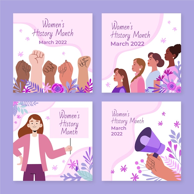 Vector gratuito colección de publicaciones de instagram del mes de la historia de la mujer plana