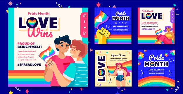 Colección de publicaciones de instagram del mes del orgullo plano