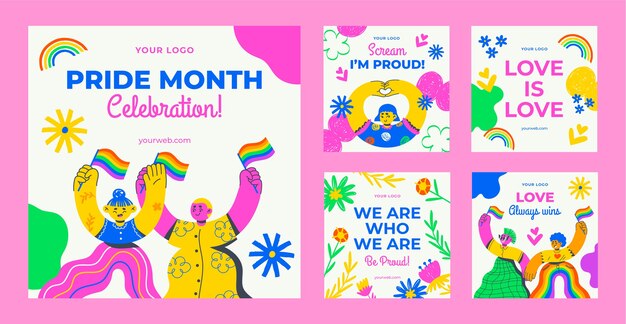 Colección de publicaciones de instagram del mes del orgullo plano