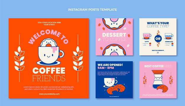 Colección de publicaciones de instagram minimalistas planas para cafetería