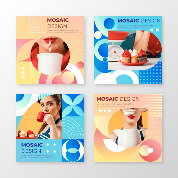 Vector gratuito colección de publicaciones de instagram de mosaico degradado con foto