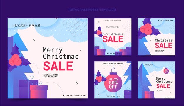 Colección de publicaciones de instagram de navidad gradiente