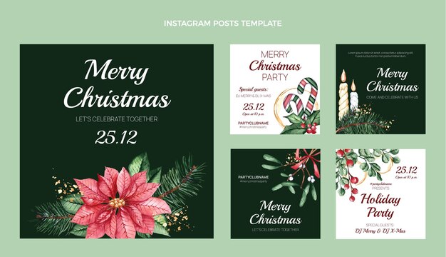 Colección de publicaciones de instagram navideñas en acuarela