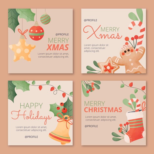 Colección de publicaciones de instagram navideñas en acuarela