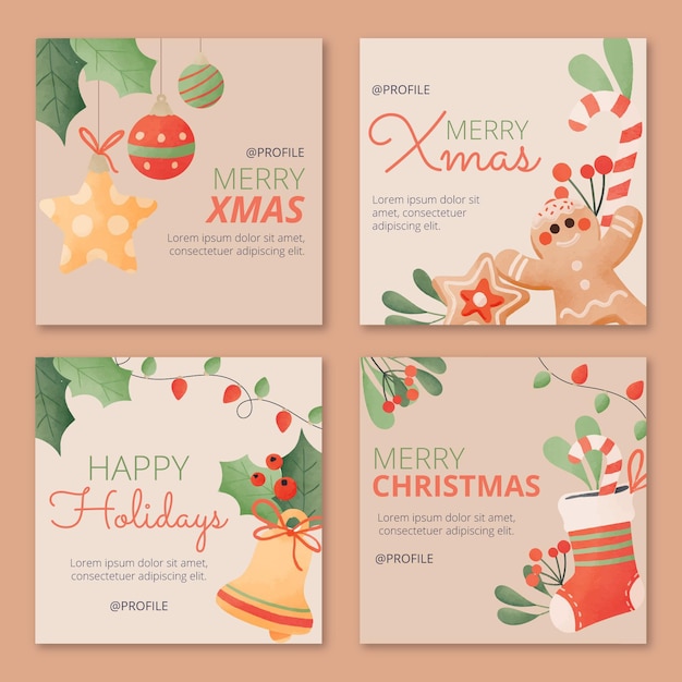Colección de publicaciones de instagram navideñas en acuarela