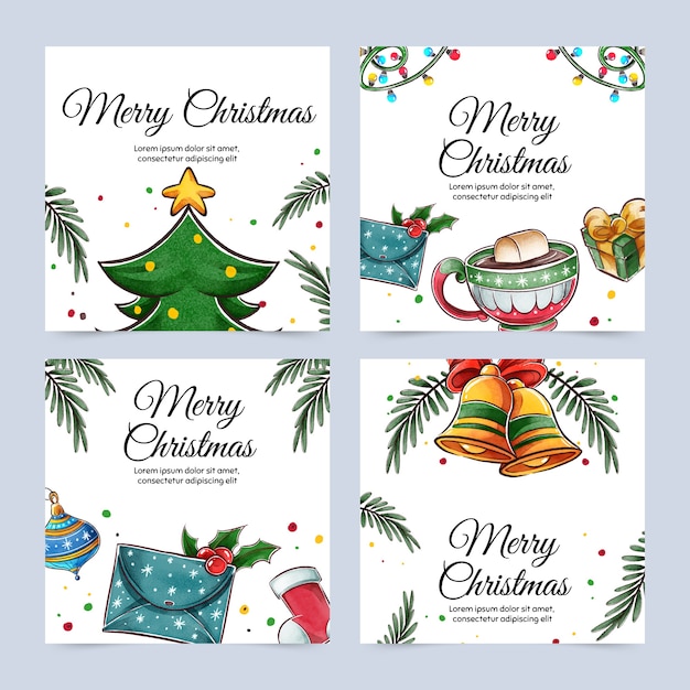 Colección de publicaciones de instagram navideñas en acuarela