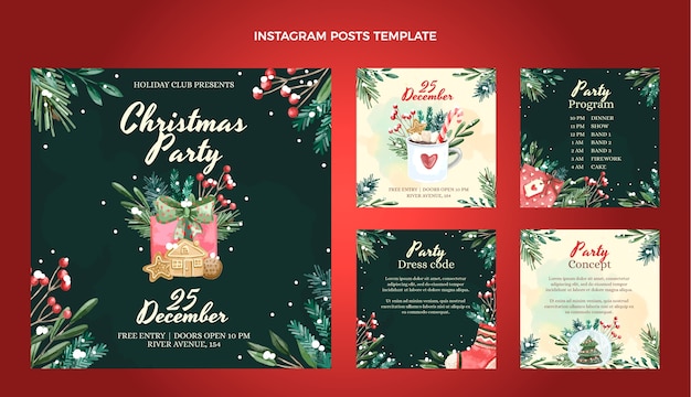 Colección de publicaciones de instagram navideñas en acuarela