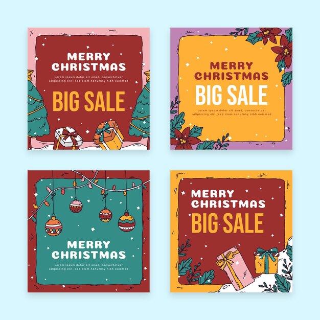 Colección de publicaciones de instagram navideñas dibujadas a mano