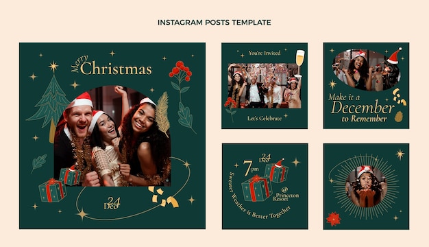 Colección de publicaciones de instagram navideñas dibujadas a mano