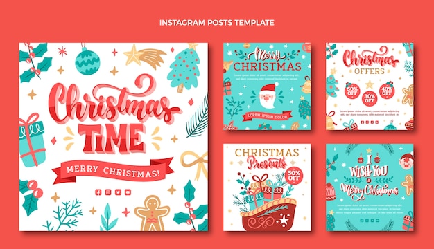 Vector gratuito colección de publicaciones de instagram navideñas dibujadas a mano