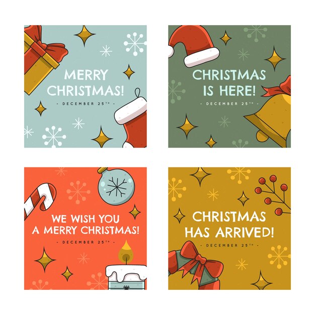 Colección de publicaciones de instagram navideñas dibujadas a mano