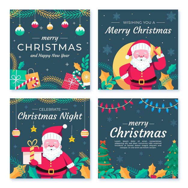 Colección de publicaciones de instagram navideñas planas dibujadas a mano