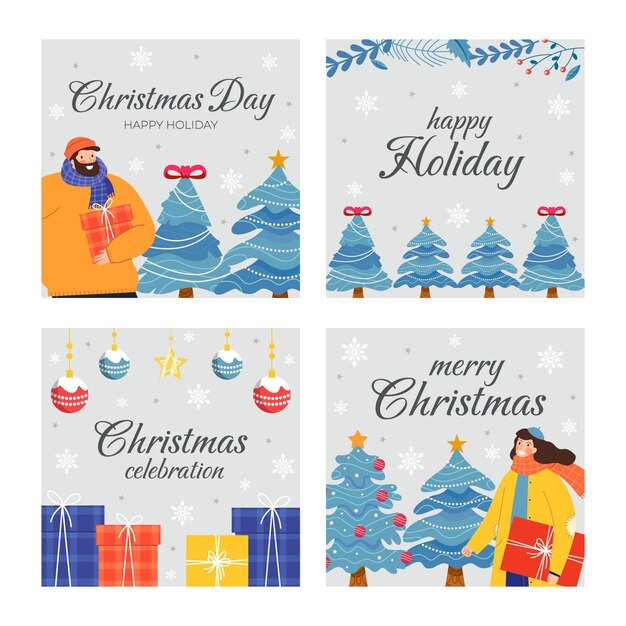 Colección de publicaciones de instagram navideñas planas dibujadas a mano