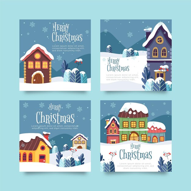 Colección de publicaciones de instagram navideñas planas dibujadas a mano
