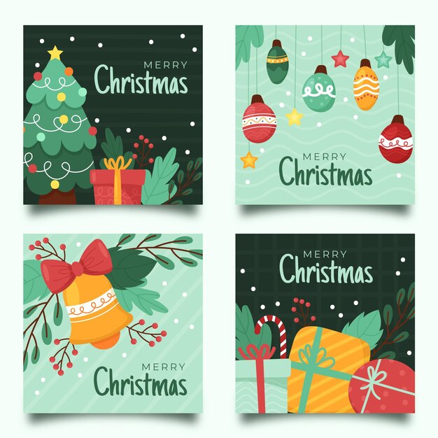 Colección de publicaciones de instagram navideñas planas dibujadas a mano