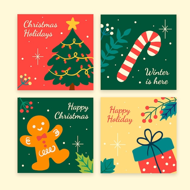 Colección de publicaciones de instagram navideñas planas dibujadas a mano