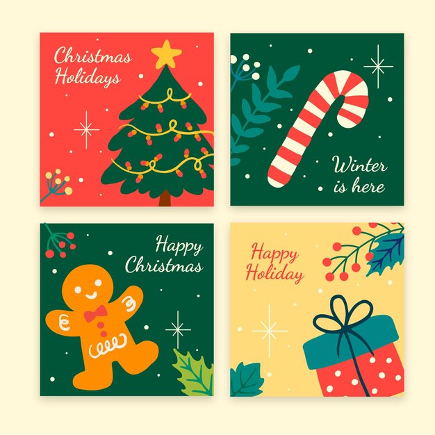 Colección de publicaciones de instagram navideñas planas dibujadas a mano