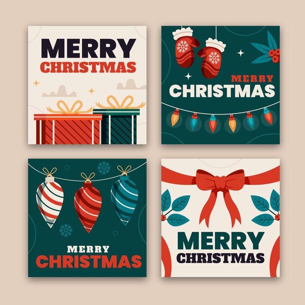 Colección de publicaciones de instagram navideñas planas dibujadas a mano