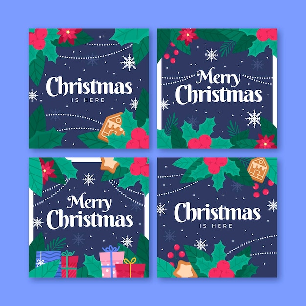 Colección de publicaciones de instagram navideñas planas dibujadas a mano