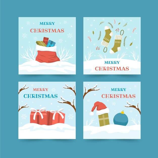 Colección de publicaciones de instagram navideñas planas dibujadas a mano