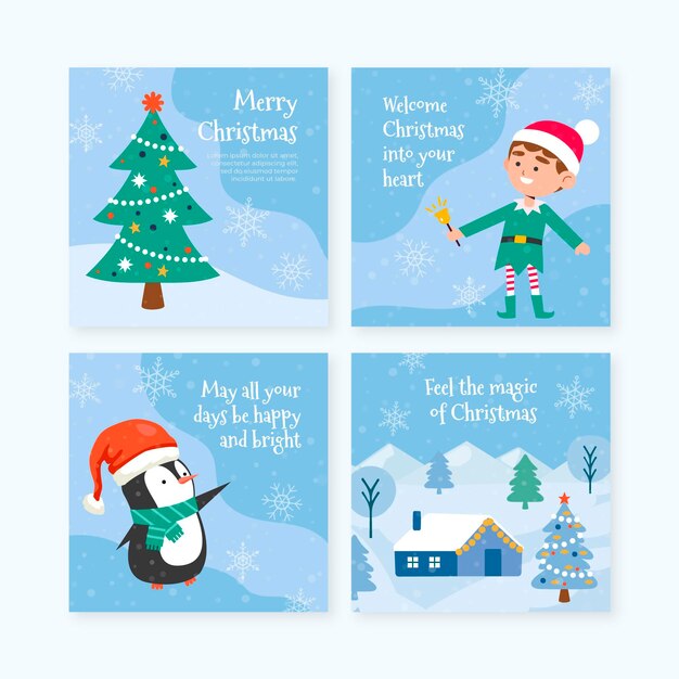 Colección de publicaciones de instagram navideñas planas dibujadas a mano