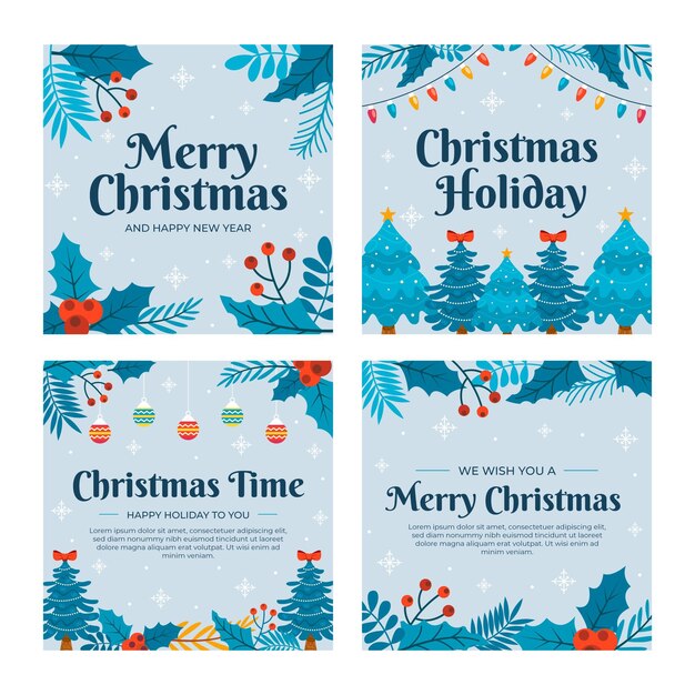 Colección de publicaciones de instagram navideñas planas dibujadas a mano