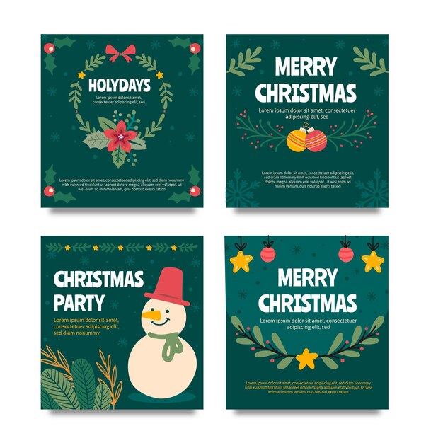 Colección de publicaciones de instagram navideñas planas dibujadas a mano