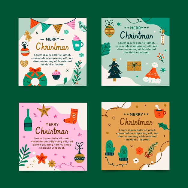 Colección de publicaciones de instagram navideñas planas dibujadas a mano