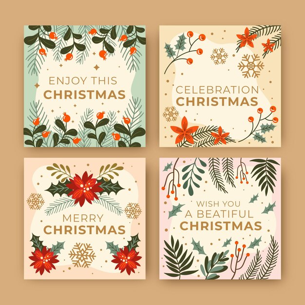 Colección de publicaciones de instagram navideñas planas dibujadas a mano