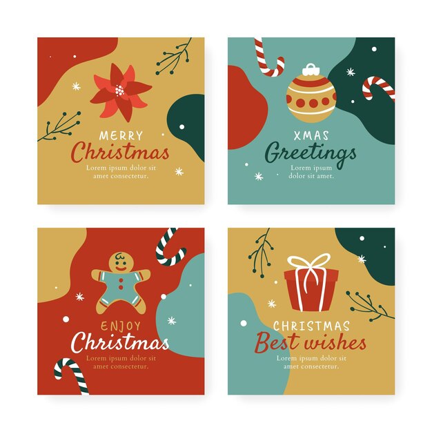 Colección de publicaciones de instagram navideñas planas dibujadas a mano