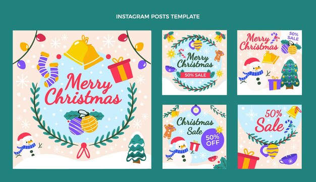 Colección de publicaciones de instagram navideñas planas dibujadas a mano