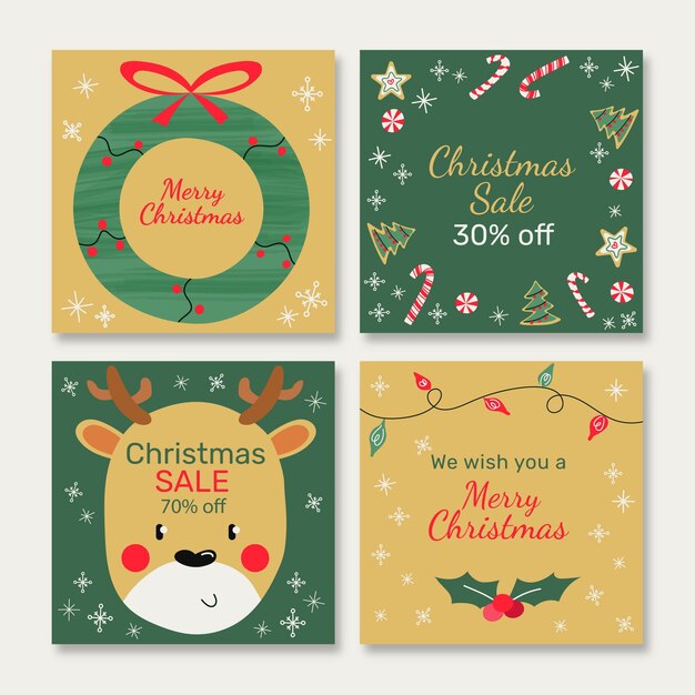Colección de publicaciones de instagram navideñas planas dibujadas a mano