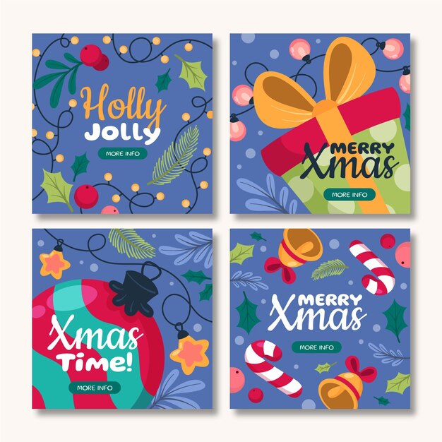Colección de publicaciones de instagram navideñas planas dibujadas a mano