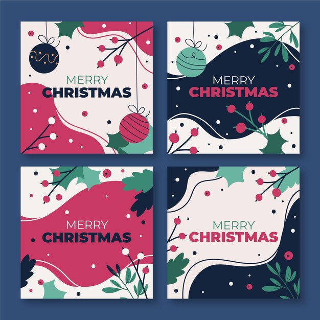 Colección de publicaciones de instagram navideñas planas dibujadas a mano