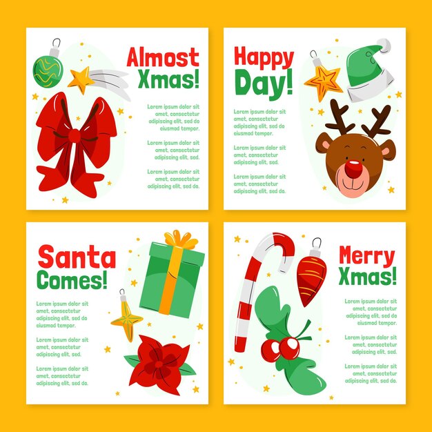 Colección de publicaciones de instagram navideñas planas dibujadas a mano