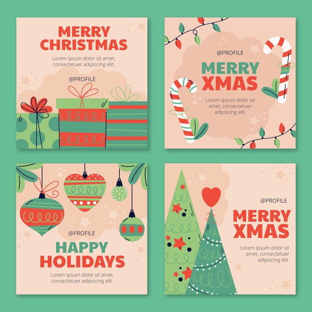 Colección de publicaciones de instagram navideñas planas dibujadas a mano