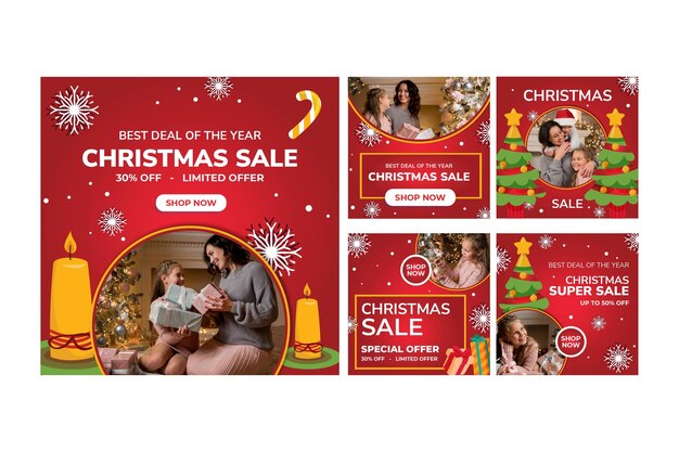 Colección de publicaciones de instagram navideñas planas dibujadas a mano