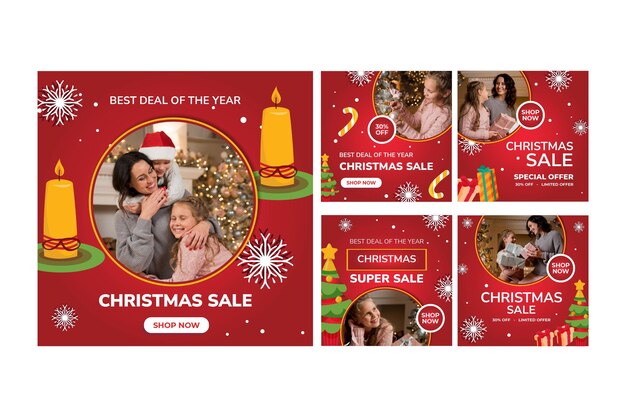 Colección de publicaciones de instagram navideñas planas dibujadas a mano
