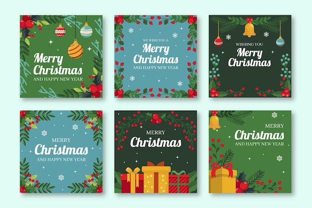 Colección de publicaciones de instagram navideñas planas dibujadas a mano
