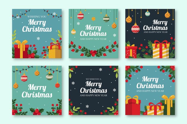 Colección de publicaciones de instagram navideñas planas dibujadas a mano