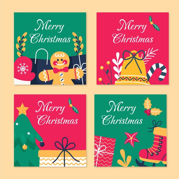 Colección de publicaciones de instagram navideñas planas dibujadas a mano