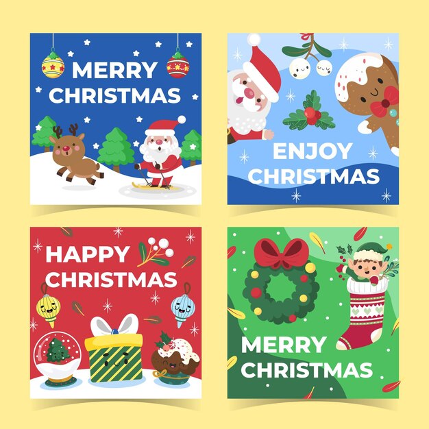 Colección de publicaciones de instagram navideñas planas dibujadas a mano