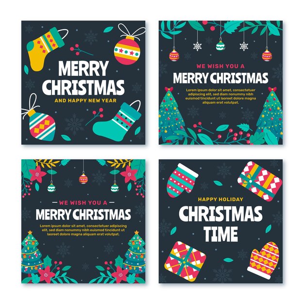 Colección de publicaciones de instagram navideñas planas dibujadas a mano
