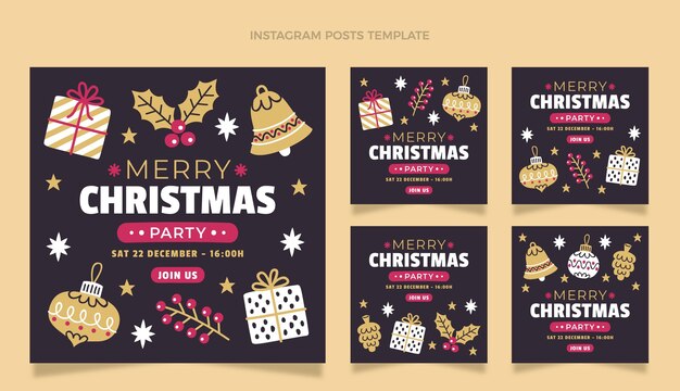 Colección de publicaciones de instagram navideñas planas dibujadas a mano