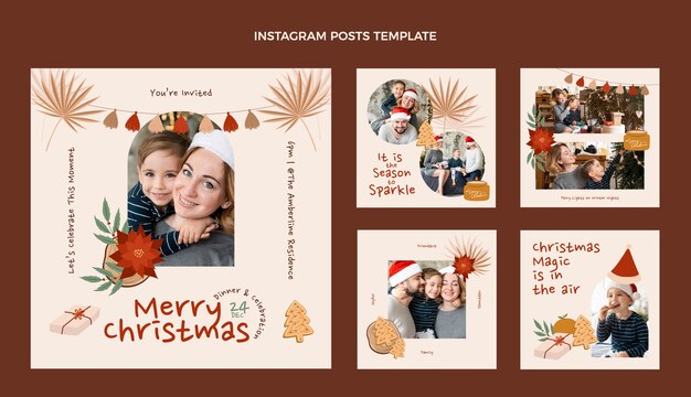 Colección de publicaciones de instagram navideñas planas dibujadas a mano
