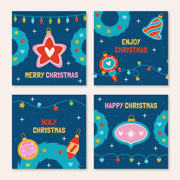 Colección de publicaciones de instagram navideñas planas dibujadas a mano