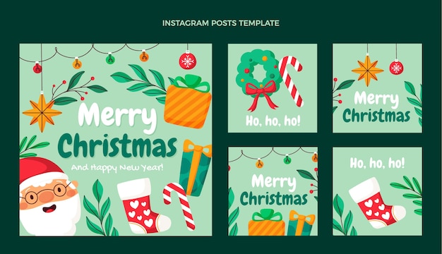 Vector gratuito colección de publicaciones de instagram navideñas planas dibujadas a mano